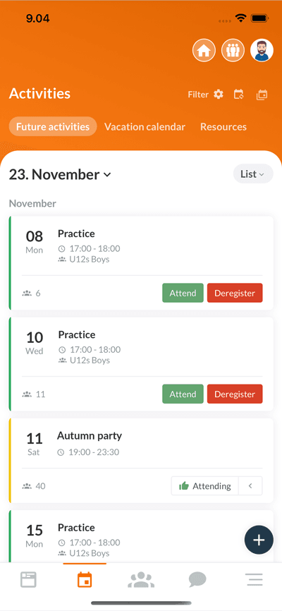 SportMember calendar in the app