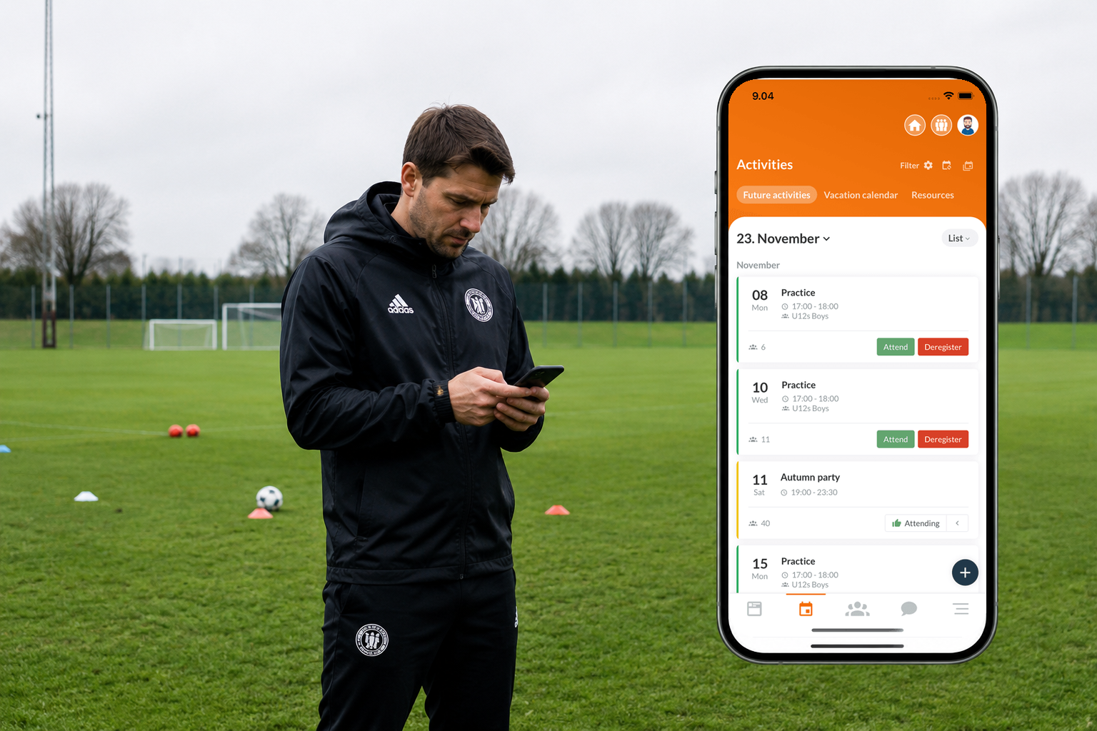 Coach planning activities in the SportMember calendar on the pitch