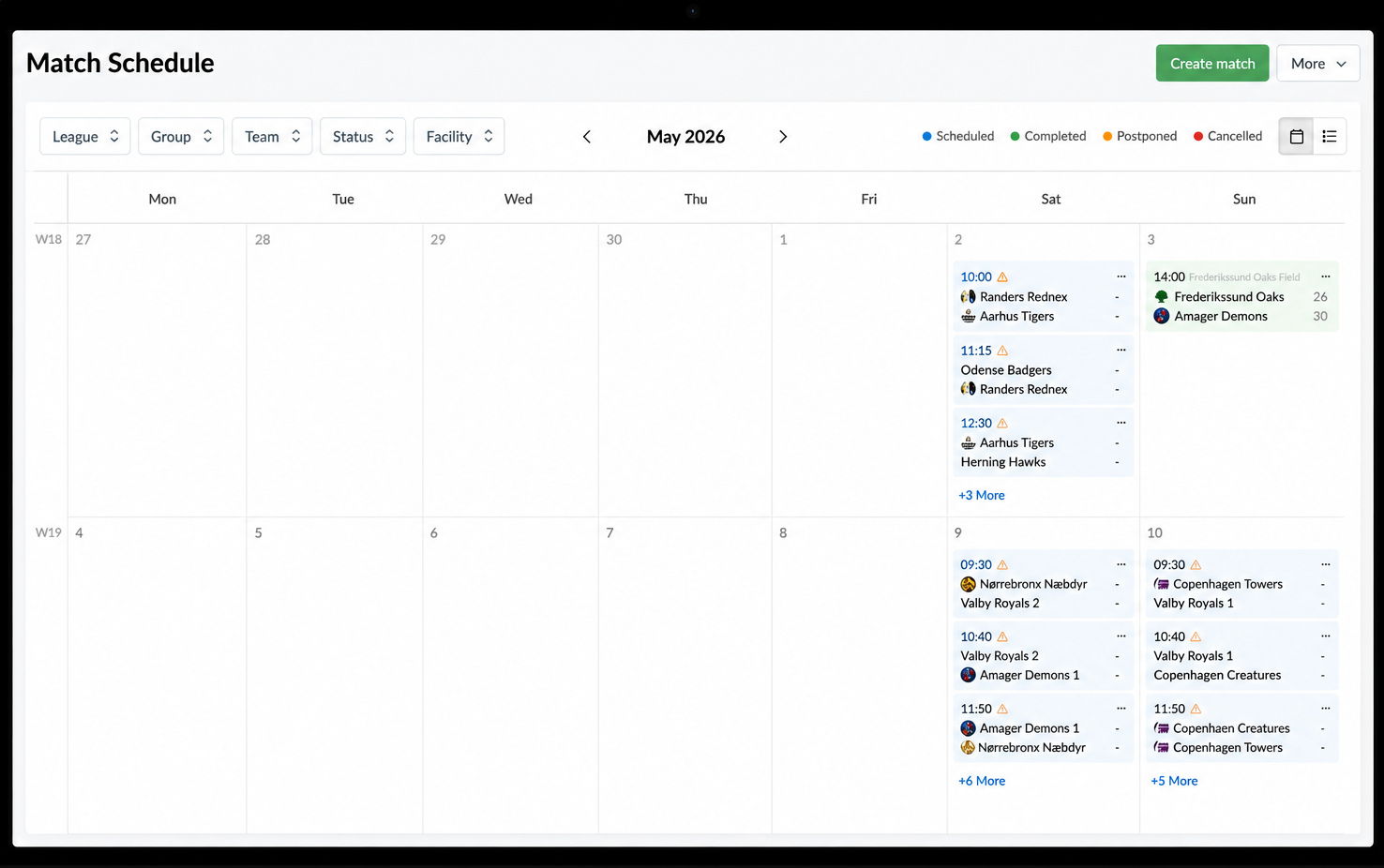 SportMember club calendar in the web admin – month overview of matches and training